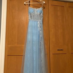 Long light blue prom dress with slit. Size 0